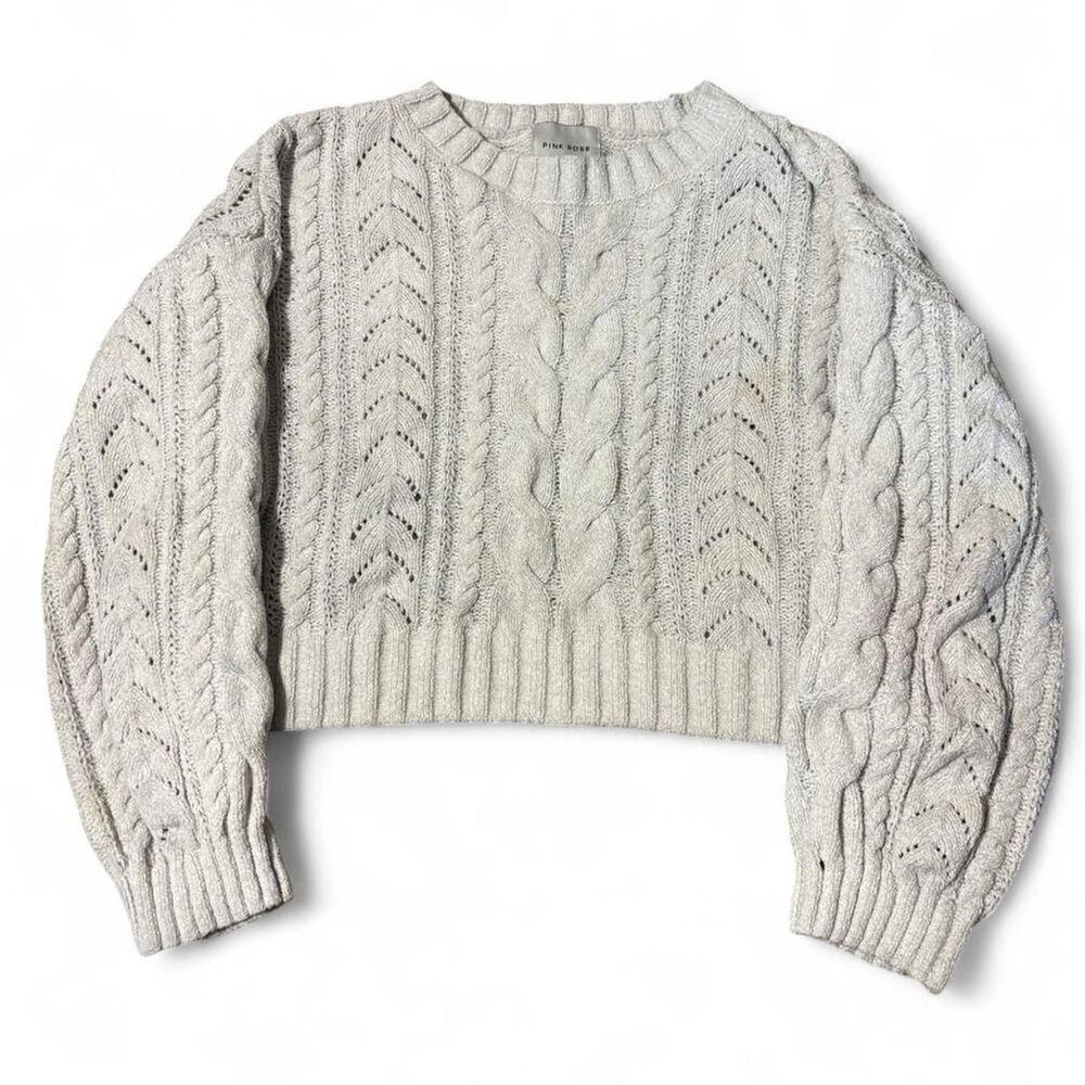 Pink Rose Cream Cable Knit Crop Sweater Size M Oversized Cozy Y2K